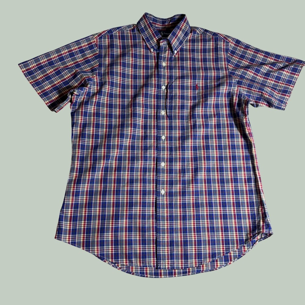 Ralph Lauren Custom Fit Mens Large Plaid Short Sleeve Button Down Shirt Blue Red